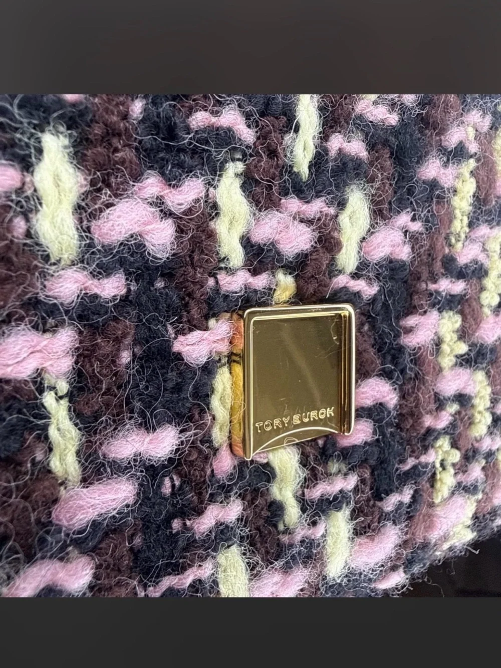 Tory Burch Tweed Flap Shoulder Bag in Pink, Black & Yellow-Green